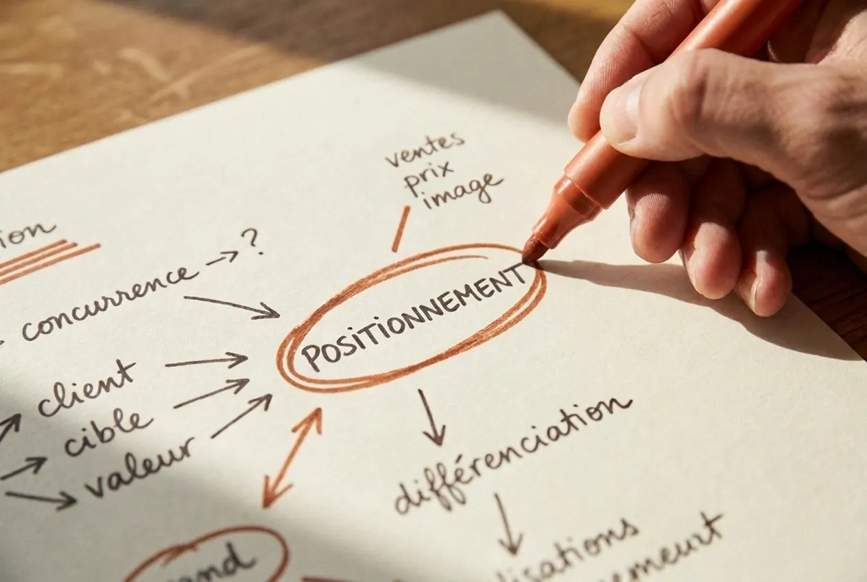 Une main trace au feutre un schéma manuscrit où le mot positionnement est entouré, relié à la concurrence, au client, à la cible et à la valeur.