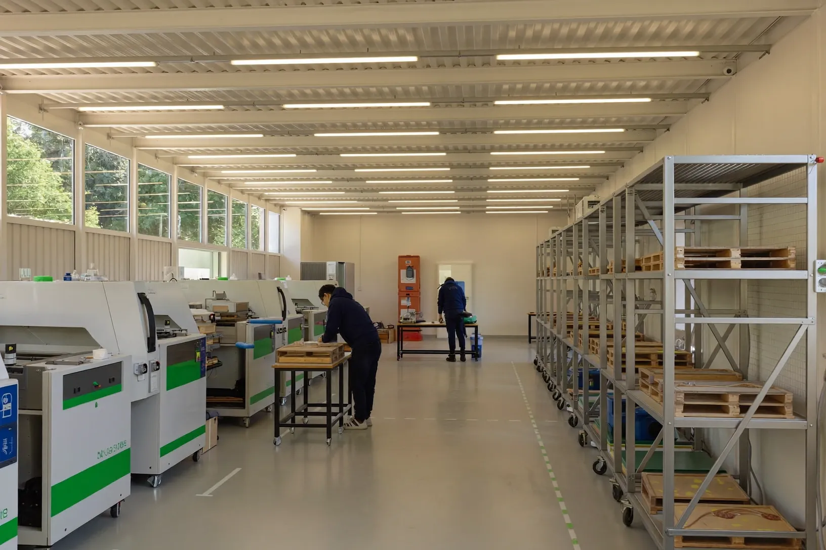 Un atelier de production éclairé au néon. Deux personnes travaillent le long d’une rangée de machines, face à des rayonnages chargés de cadres de bois.