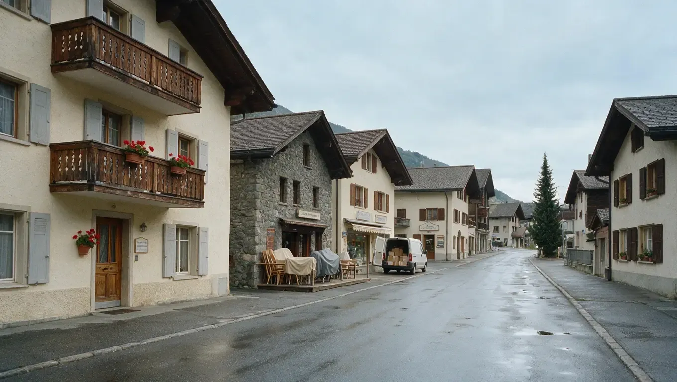 La rue principale d’un village de montagne un jour de pluie. Des maisons aux balcons de bois, quelques commerces, une camionnette de livraison à l’arrêt.