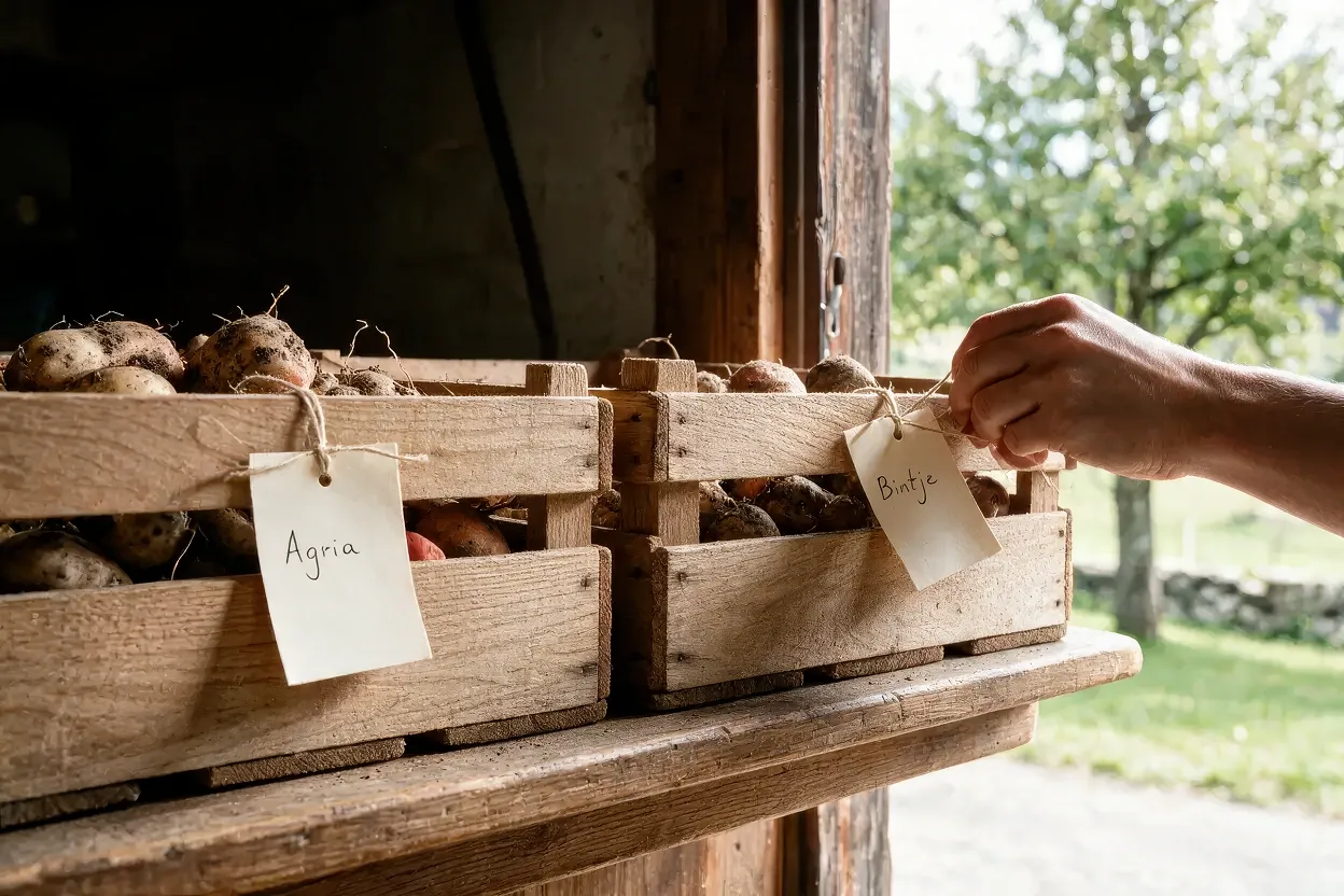 Deux caisses de pommes de terre sur l’étal d’une ferme. Une main attache une étiquette manuscrite portant le nom Bintje, à côté d’une autre marquée Agria.