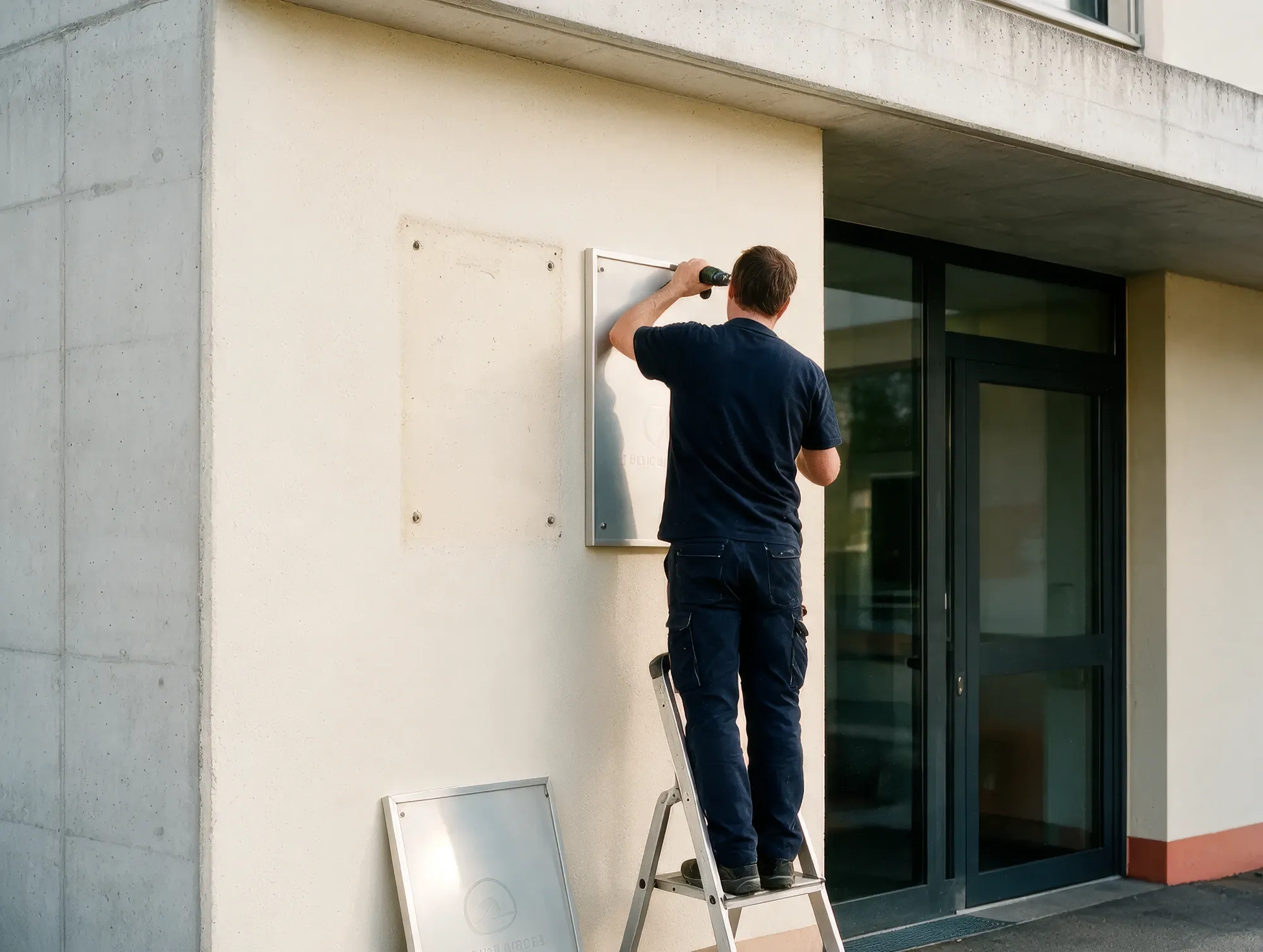 Un homme sur un escabeau visse une plaque de métal près de l’entrée d’un bâtiment. La trace de l’ancienne plaque reste visible sur le mur. Une autre plaque attend au sol.